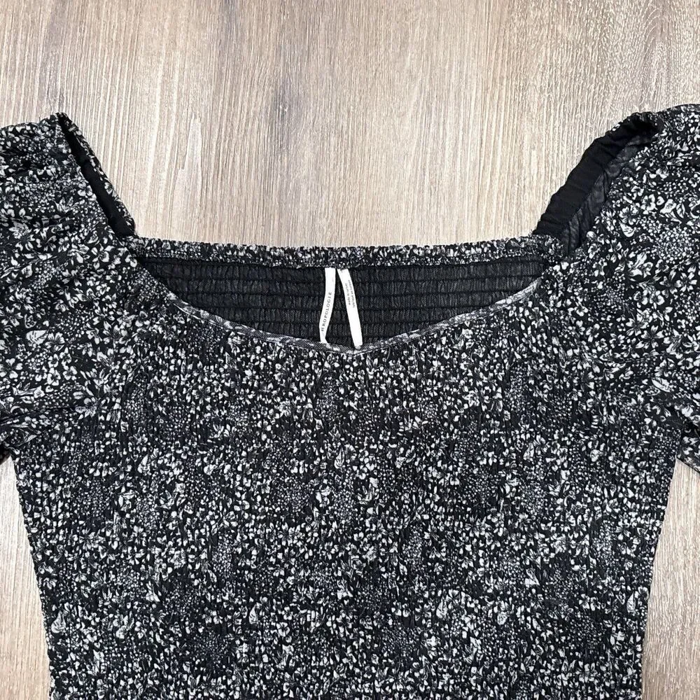 Anthropologie Smocked Top Black White Floral Mesh Puff Sleeve Boho Coquette L